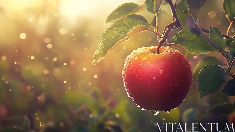 Sunlit dewy apple hangs on branch in a glowing orchard haze