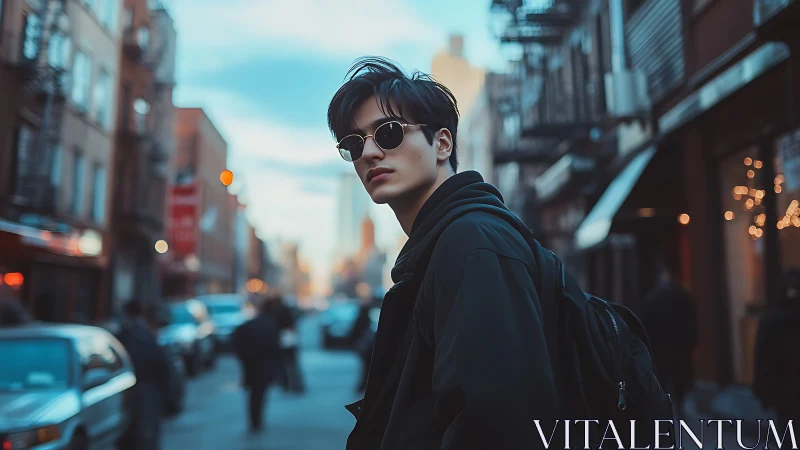 Young adult with backpack on urban street in soft evening light.