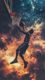 Basketball player soars toward rim against cosmic sky backdrop