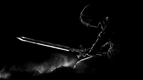 High-contrast warrior silhouette kneels with ornate longsword extended