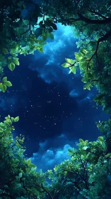 Emerald Canopy Frames Nocturnal Cosmos Dancing Above