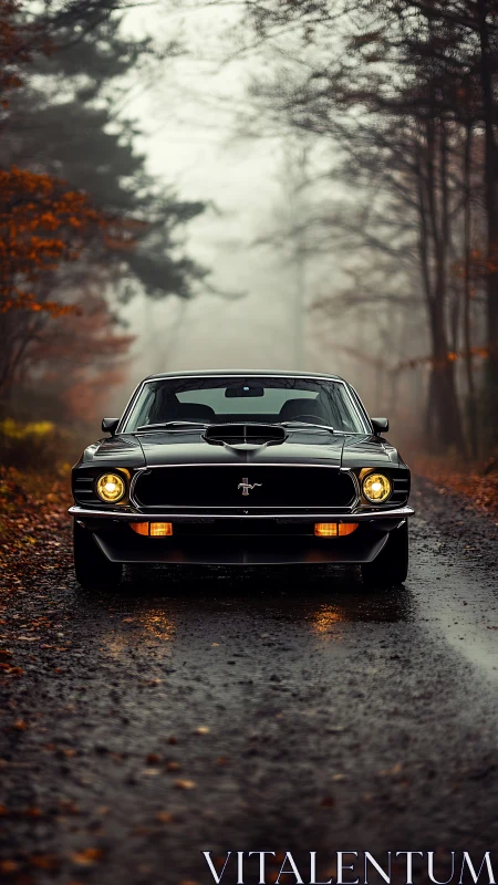 Classic muscle car glowing on a misty forest backroad.