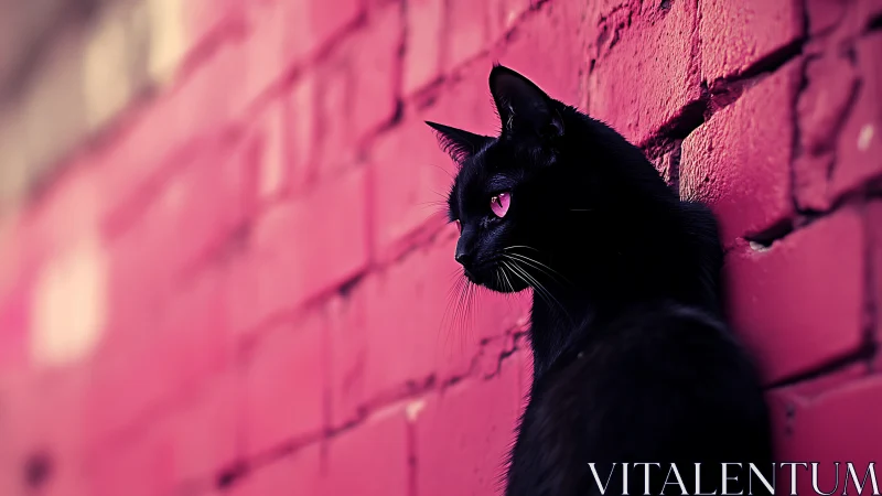 Black cat positioned against magenta brick wall.