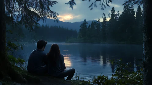Two figures seated on forest ground overlooking lake at dusk