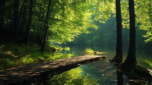 Sunlit Forest Stream with Towering Trees and Reflected Canopy