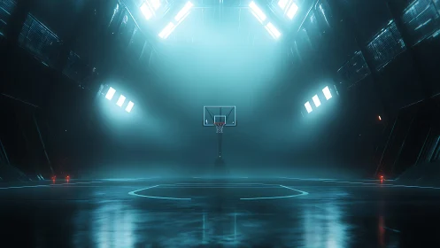 Futuristic basketball court under cinematic teal volumetric light.