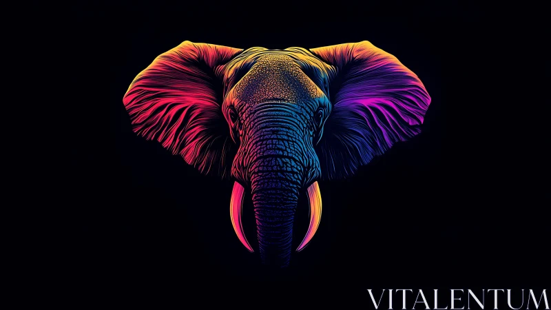 Neon dusk elephant portrait blazing against midnight void.