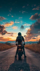 Motorcyclist on rural road under vivid evening sky.