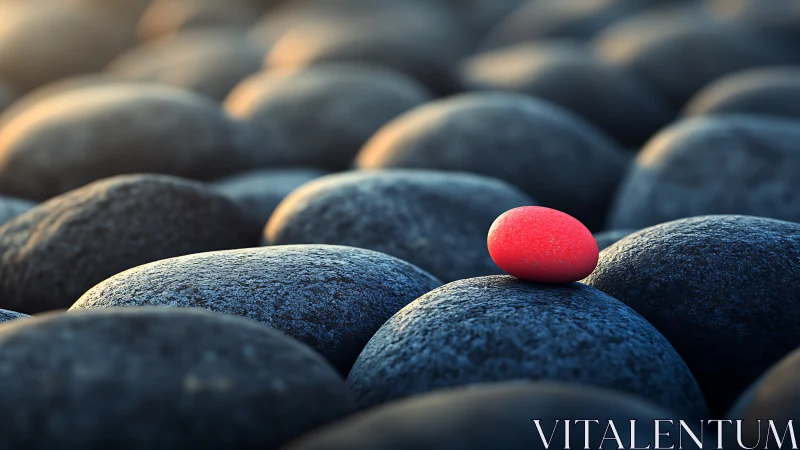 Photorealistic red pebble on dark river stones in bokeh field.