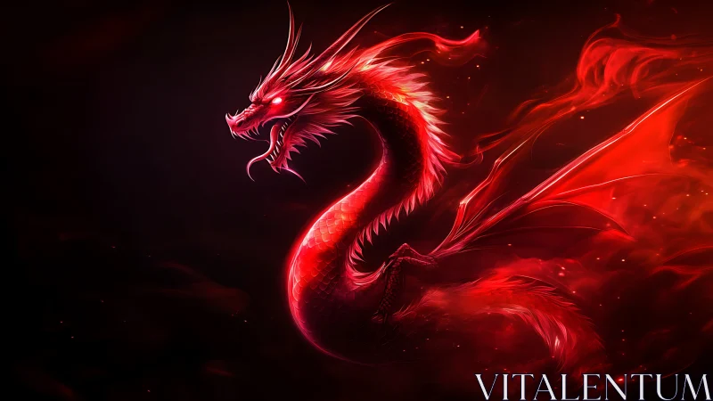 Red serpentine dragon in dark environment with energy glow.