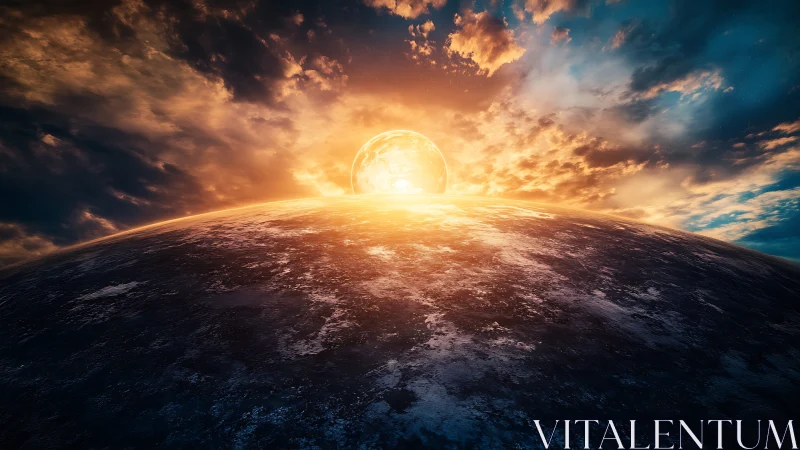 Golden alien sunrise gently crowns a distant frozen world