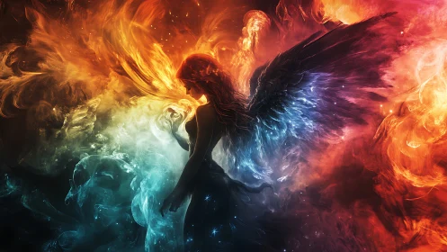 Fire and starlit wings circling a quiet celestial guardian.