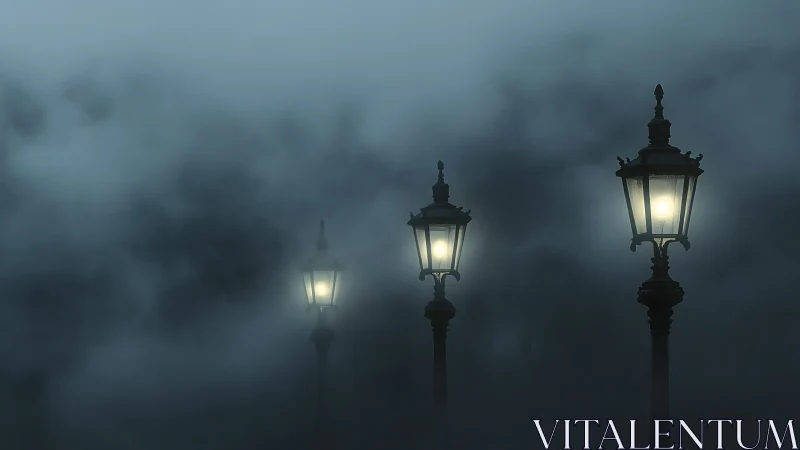 Foggy night streetlamps aligned in dense blue mist.