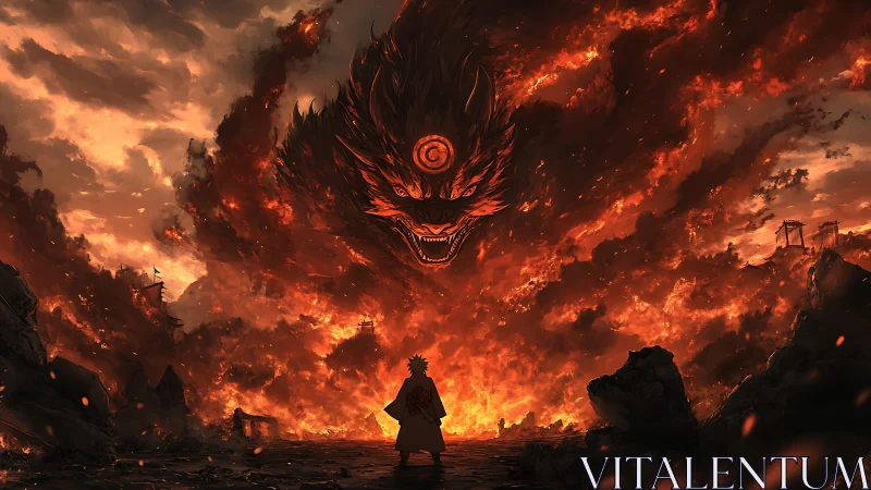 Volcanic sky beast confronting lone cloaked silhouette below.