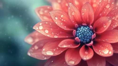 Red flower with dew droplets and dark center structure.