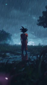 Lone warrior stands in rainlit field facing distant glow