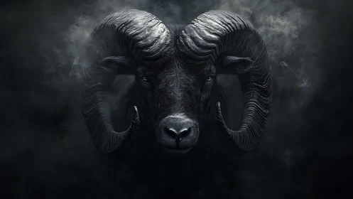 Dark-horned ram emerges from swirling shadowed smoke.