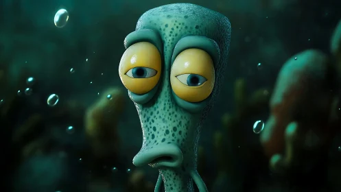 Melancholic cartoon squid drifts through a moody seafloor haze