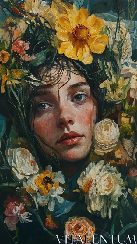 Portrait entwined with lush florals in expressive oils.