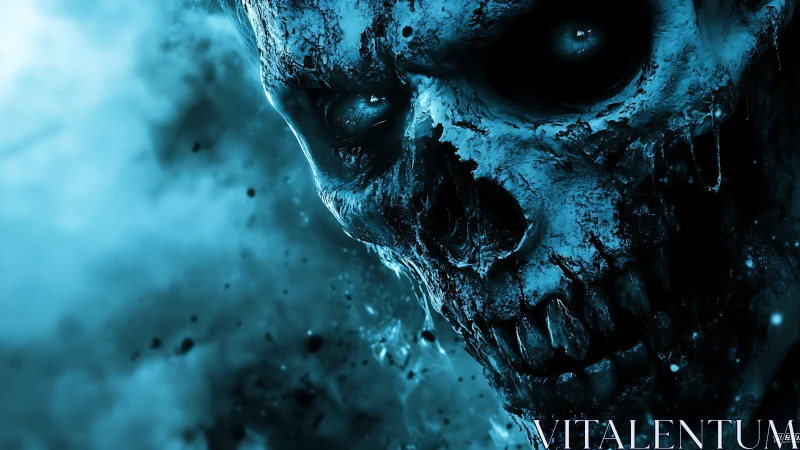 Bleached spectral skull emerging through cyan particle storm.