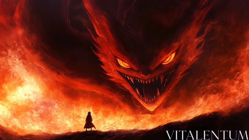 Fiery demon looms above lone warrior in apocalyptic blaze