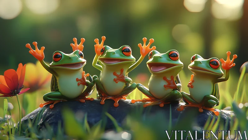 Four stylized tree frogs on rock in sunlit garden scene.
