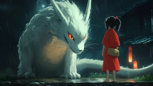 Rain-soaked girl confronts glowing-eyed spirit beast in alley