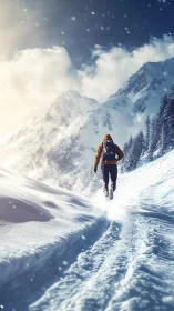 Photorealistic alpine ascent with dynamic leading snow trail.