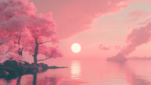 Pink twilight coastline with stylized cherry trees and full moon