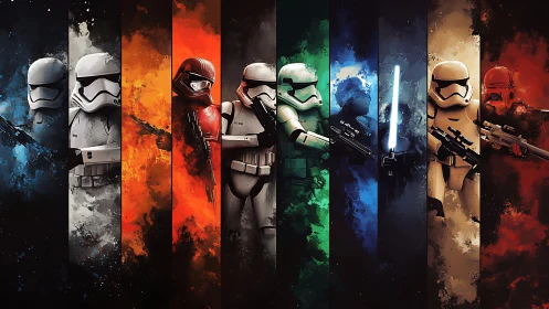 Colorful sci fi warriors lined up in a bold cosmic display.