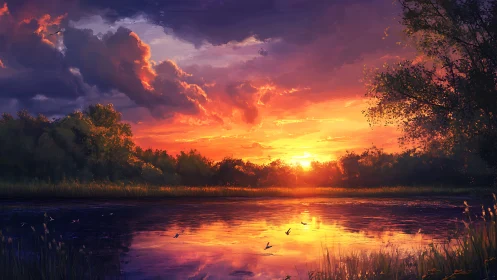 Sunset over tree line and reflective river surface scene.