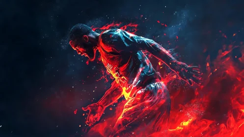 Digital artwork of basketball player emerging from flames.