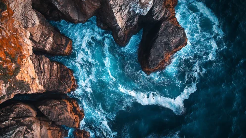 Turquoise surf carves rugged coastal cliffs from above.