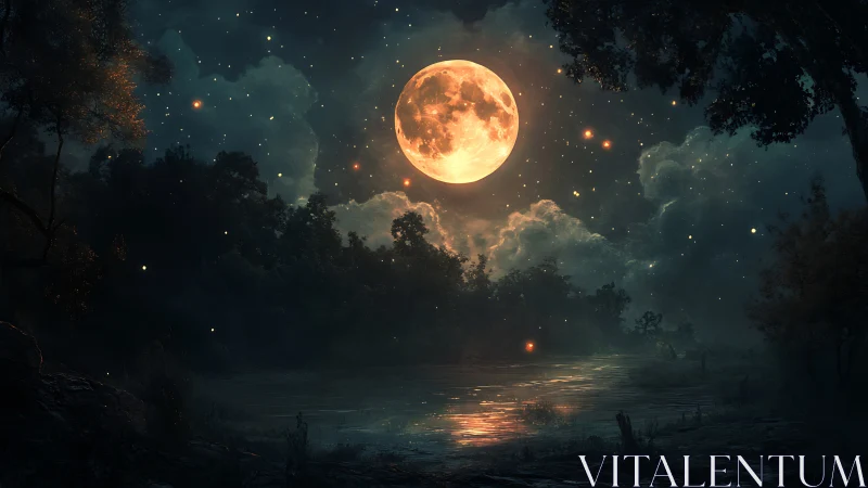 Riverbank under lantern moon and drifting starfire night.