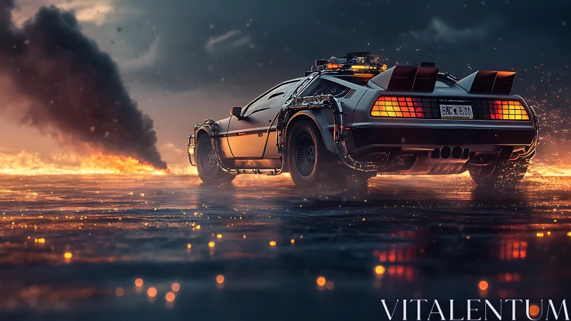 Futuristic sports car on fiery wet road at dusk.