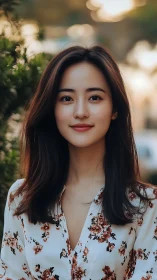 Portrait of young woman outdoors in soft evening light.
