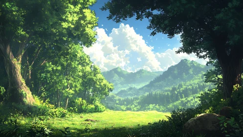 Forest clearing with mountain landscape vista