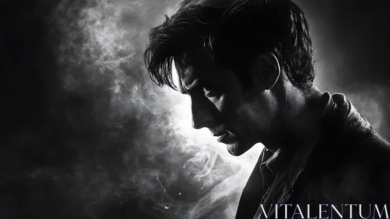 Side profile male portrait in dense monochrome smoke field.