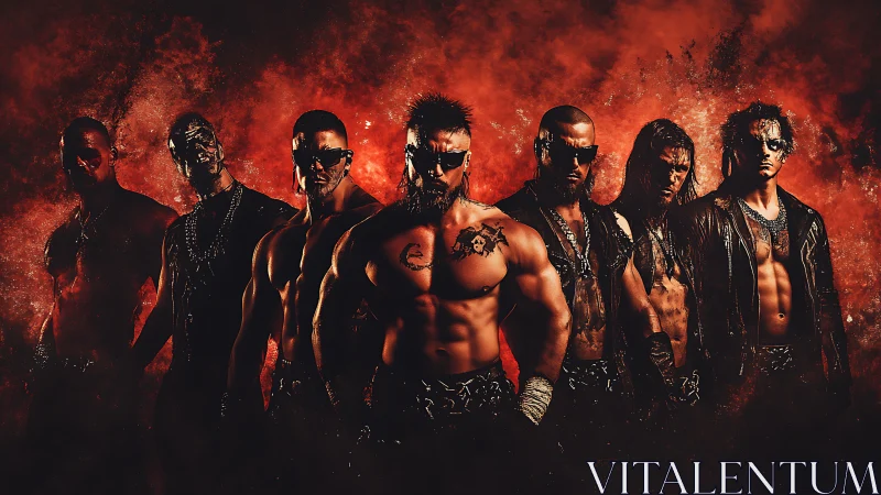 Muscular male group posed against red and black backdrop.