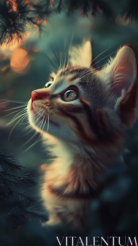 Kitten's Wonder: Eyes Lifted to Nature's Golden Light.