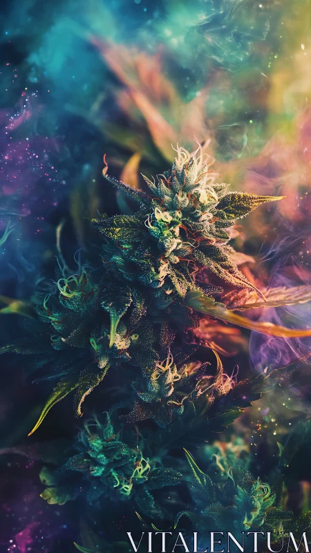 Dreamy cannabis blossoms glow in swirling cosmic color mist