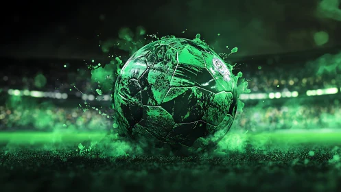 Electric green soccer moment captured mid-splash on turf.