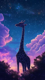 Celestial giraffe silhouette merges with saturated twilight sky