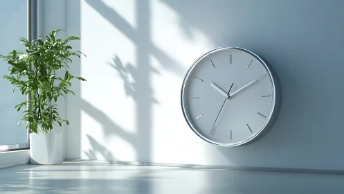 Wall clock and potted plant positioned in bright window light