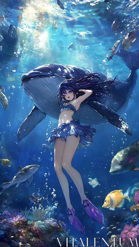 Diver and whale rendered in stylized underwater anime scene