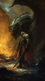 Knight and shadow dragon share a quiet, burning dusk.