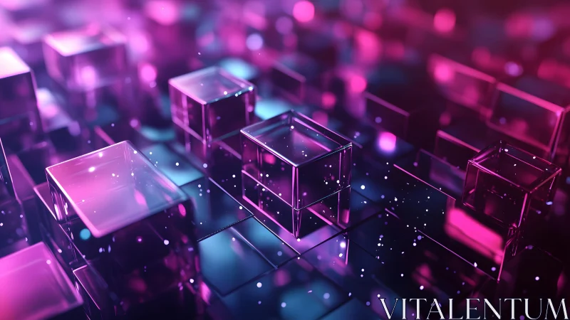 Futuristic glass cubes in neon pink and blue abstract digital art.