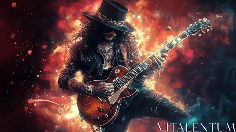 Guitarist in hat playing electric guitar amid abstract light.