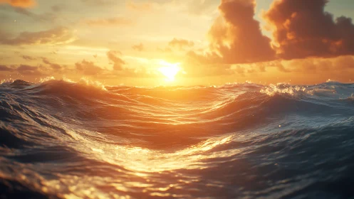 Golden ocean waves roll under a vibrant, fiery sunset sky