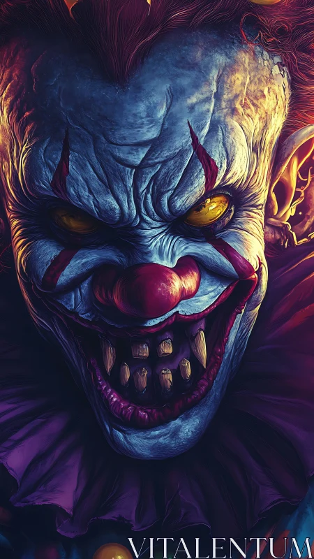 Sinister clown portrait glows with menacing neon intensity.